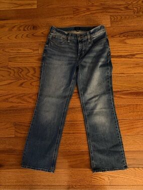 J. Crew Factory Mid-Rise Flare Crop Jeans in Denim Blue
